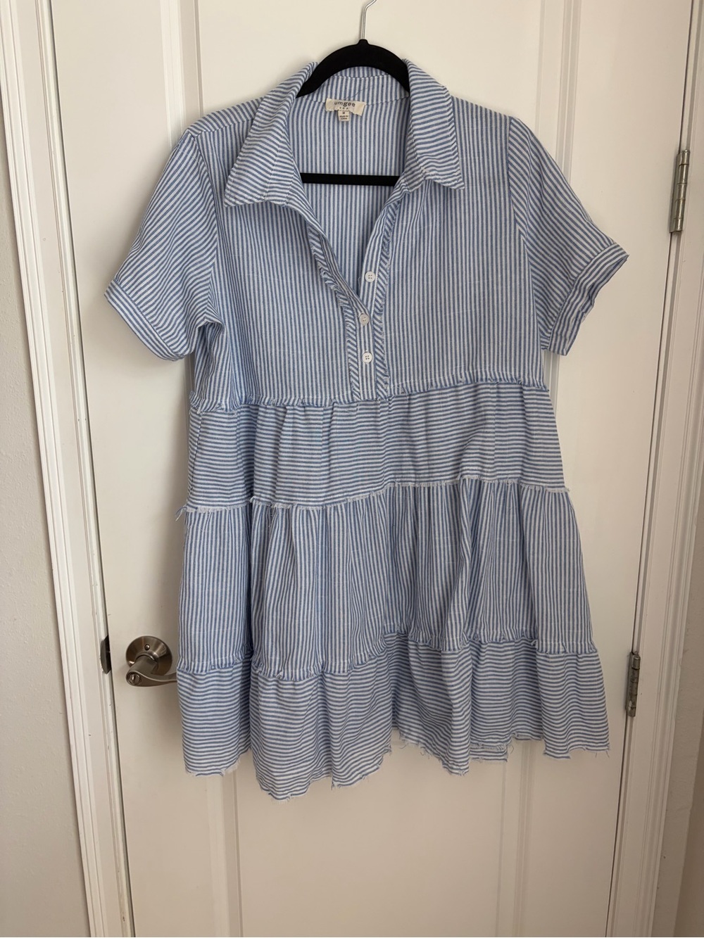 Umgee Blue & White Striped Tiered Popover Shirt Dress